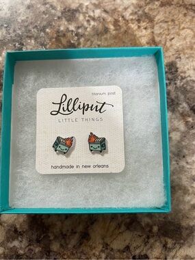 Dumpster fire, titanium, stud earrings by Lilliput Little Things